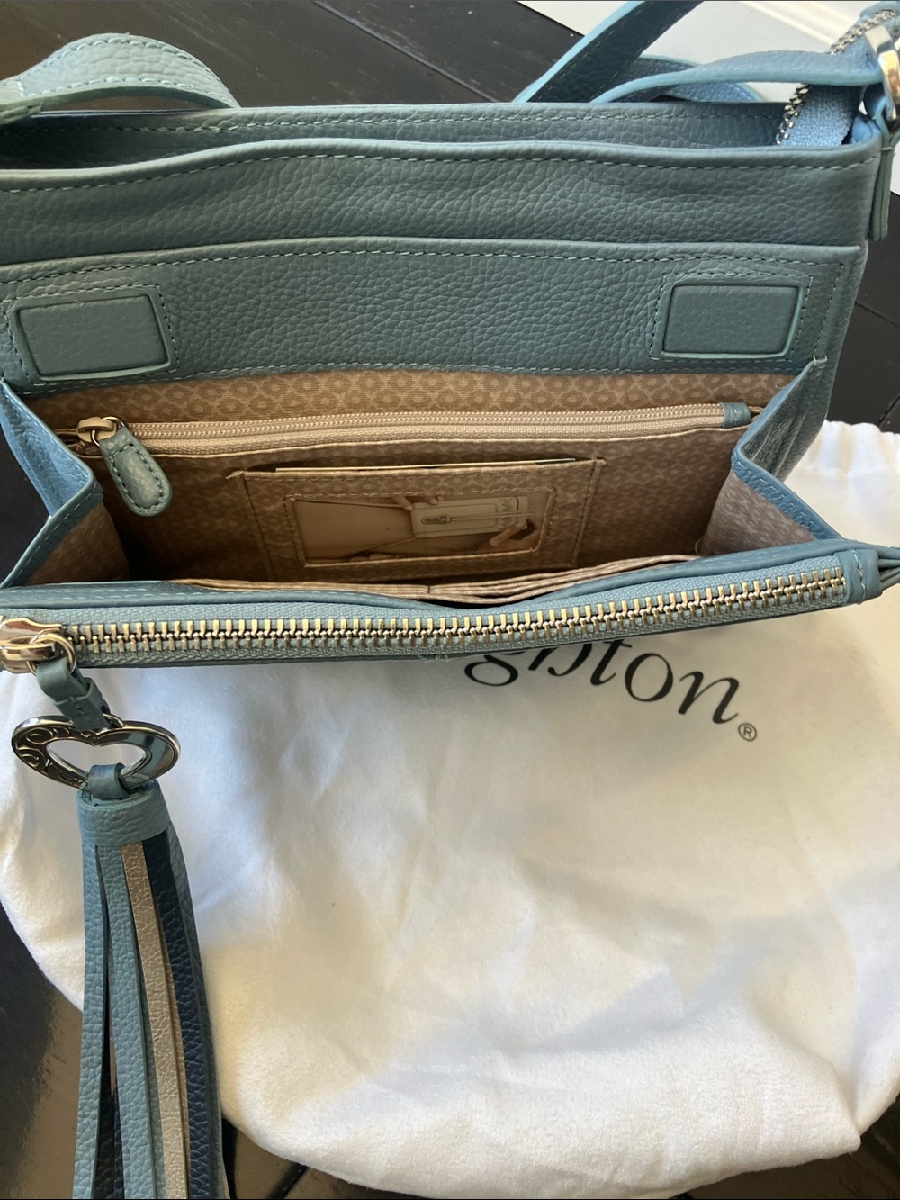 BRIGHTON Barbados City Organizer Blue Pebble Leather Heart-Adorned Tassel NWOT - Picture 3 of 13
